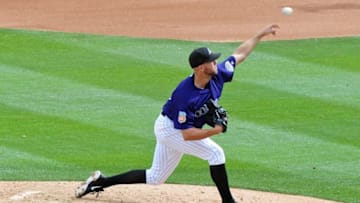 Mar 7, 2016; Salt River Pima-Maricopa, AZ, USA; Colorado Rockies starting pitcher Tyler Anderson (44) throws during the third inning against the Chicago Cubs at Salt River Fields at Talking Stick. Mandatory Credit: Matt Kartozian-USA TODAY Sports