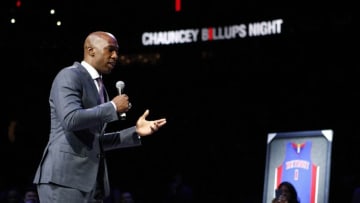 Feb 10, 2016; Auburn Hills, MI, USA; Chauncey Billups gives a speech during his halftime retirement ceremony in the game between the Detroit Pistons and the Denver Nuggets at The Palace of Auburn Hills. Mandatory Credit: Raj Mehta-USA TODAY Sports