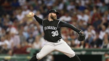 May 25, 2016; Boston, MA, USA; Colorado Rockies relief pitcher Jason Motte (30) pitches against the Boston Red Sox during the seventh inning at Fenway Park. Mandatory Credit: Mark L. Baer-USA TODAY Sports