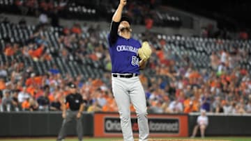 Jul 27, 2016; Baltimore, MD, USA; Colorado Rockies pitcher Carlos Estevez (54) reacts after beating the Baltimore Orioles 3-1 at Oriole Park at Camden Yards. Mandatory Credit: Evan Habeeb-USA TODAY Sports