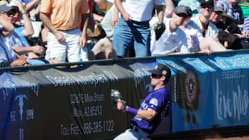 Mar 9, 2016; Scottsdale, AZ, USA; Colorado Rockies center fielder David Dahl (67) catches a fly ball in the second inning against the San Francisco Giants at Scottsdale Stadium. Mandatory Credit: Matt Kartozian-USA TODAY Sports