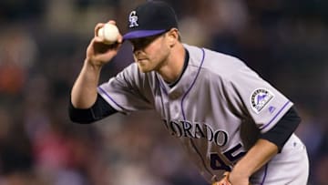 May 5, 2016; San Francisco, CA, USA; Colorado Rockies relief pitcher Scott Oberg (45) prepares for the pitch against the San Francisco Giants in the eighth inning at AT&T Park. The Rockies won 17-7. Mandatory Credit: John Hefti-USA TODAY Sports