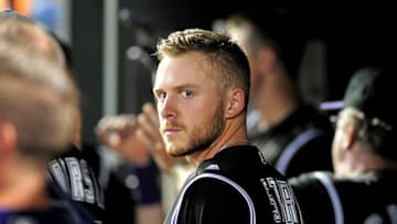 Jul 25, 2016; Baltimore, MD, USA; Colorado Rockies shortstop Trevor Story (27) looks on in the seventh inning against the Baltimore Orioles at Oriole Park at Camden Yards. Mandatory Credit: Evan Habeeb-USA TODAY Sports