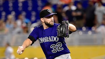 Jun 18, 2016; Miami, FL, USA; Colorado Rockies starting pitcher Tyler Chatwood (32) throws during the first inning against the Miami Marlins at Marlins Park. Mandatory Credit: Steve Mitchell-USA TODAY Sports
