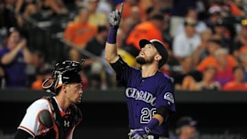 Jul 27, 2016; Baltimore, MD, USA; Colorado Rockies outfielder David Dahl (26) reacts after hitting a home run against the Baltimore Orioles in the sixth inning at Oriole Park at Camden Yards. Mandatory Credit: Evan Habeeb-USA TODAY Sports