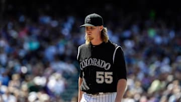 Aug 7, 2016; Denver, CO, USA; Colorado Rockies starting pitcher Jon Gray (55) walks to the dugout in the middle of the third inning against the Miami Marlins at Coors Field. Mandatory Credit: Isaiah J. Downing-USA TODAY Sports