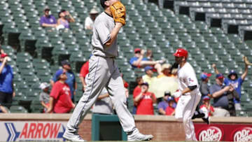 Aug 11, 2016; Arlington, TX, USA; Colorado Rockies starting pitcher Chris Rusin (52) reacts to giving up a home run to Texas Rangers first baseman Mitch Moreland (18) in the seventh inning at Globe Life Park in Arlington. Mandatory Credit: Tim Heitman-USA TODAY Sports