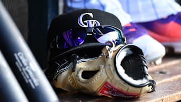 Aug 21, 2016; Denver, CO, USA; General view of the Colorado Rockies gear in the dugout during the eighth inning against the Chicago Cubs at Coors Field. The Rockies defeated the Cubs 11-4. Mandatory Credit: Ron Chenoy-USA TODAY Sports