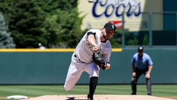 Aug 9, 2016; Denver, CO, USA; Colorado Rockies starting pitcher Tyler Chatwood (32) delivers a pitch in the first inning against the Texas Rangers at Coors Field. Mandatory Credit: Isaiah J. Downing-USA TODAY Sports