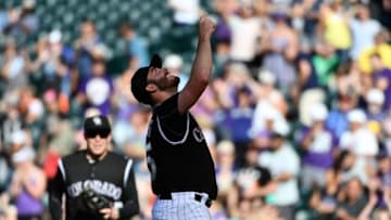 Sep 5, 2016; Denver, CO, USA; Colorado Rockies starting pitcher Chad Bettis (35) celebrates a win over the San Francisco Giants at Coors Field. The Rockies defeated the Giants 6-0. Mandatory Credit: Ron Chenoy-USA TODAY Sports