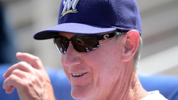 Apr 4, 2015; Phoenix, AZ, USA; Milwaukee Brewers manager Ron Roenicke (10) looks on against the Cleveland Indians at Maryvale Baseball Park. Mandatory Credit: Joe Camporeale-USA TODAY Sports