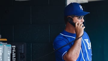 Aug 6, 2015; Detroit, MI, USA; Kansas City Royals bench coach Don Wakamatsu (22) on the phone during the game against the Detroit Tigers at Comerica Park. Mandatory Credit: Rick Osentoski-USA TODAY Sports