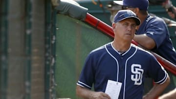 Jun 6, 2015; Cincinnati, OH, USA; San Diego Padres manager Bud Black looks on from the dugout against the Cincinnati Reds at Great American Ball Park. Mandatory Credit: David Kohl-USA TODAY Sports