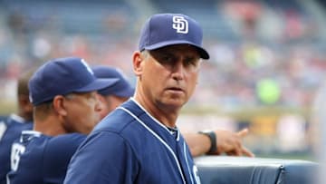 Jun 8, 2015; Atlanta, GA, USA; San Diego Padres manager Bud Black (20) watches a game against the Atlanta Braves in the second inning at Turner Field. Mandatory Credit: Brett Davis-USA TODAY Sports