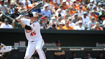 Jul 24, 2016; Baltimore, MD, USA; Baltimore Orioles right fielder Mark Trumbo (45) at bat against the Cleveland Indians at Oriole Park at Camden Yards. The Orioles won 5-3. Mandatory Credit: Brad Mills-USA TODAY Sports