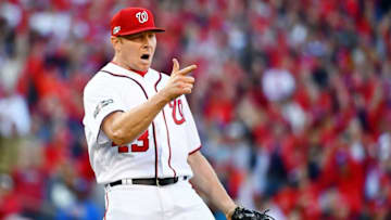 Oct 9, 2016; Washington, DC, USA; Washington Nationals relief pitcher Mark Melancon (43) celebrates after their win against the Los Angeles Dodgers during game two of the 2016 NLDS playoff baseball series at Nationals Park. The Washington Nationals won 5-2.Mandatory Credit: Brad Mills-USA TODAY Sports