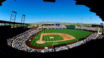 Mar 20, 2016; Salt River Pima-Maricopa, AZ, USA; General view of the game between the Colorado Rockies and the San Francisco Giants at Salt River Fields at Talking Stick. Mandatory Credit: Matt Kartozian-USA TODAY Sports
