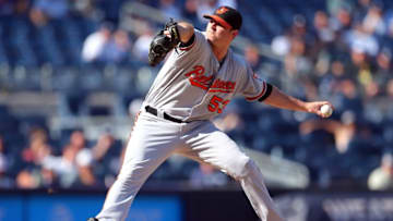 Aug 28, 2016; Bronx, NY, USA; Baltimore Orioles relief pitcher Zach Britton (53) pitches against the New York Yankees during the ninth inning at Yankee Stadium. Mandatory Credit: Brad Penner-USA TODAY Sports