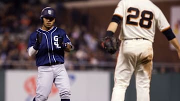 Sep 13, 2016; San Francisco, CA, USA; San Diego Padres right fielder Alexi Amarista (5) after hitting a single against the San Francisco Giants during the seventh inning at AT&T Park. Mandatory Credit: Kelley L Cox-USA TODAY Sports