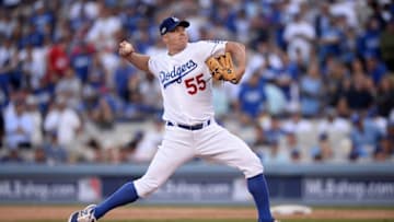 Oct 11, 2016; Los Angeles, CA, USA; Los Angeles Dodgers relief pitcher Joe Blanton (55) delivers a pitch in the eighth inning against the Washington Nationals during game four of the 2016 NLDS playoff baseball series at Dodger Stadium. Mandatory Credit: Gary A. Vasquez-USA TODAY Sports