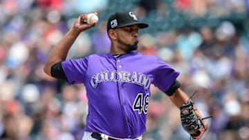DENVER, CO - JULY 29: German Marquez #48 of the Colorado Rockies pitches against the Oakland Athletics in the second inning of a game during interleague play at Coors Field on July 29, 2018 in Denver, Colorado. (Photo by Dustin Bradford/Getty Images)