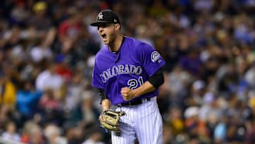DENVER, CO - AUGUST 6: Kyle Freeland #21 of the Colorado Rockies celebrates after the third out of the seventh inning of a game against the Pittsburgh Pirates at Coors Field on August 6, 2018 in Denver, Colorado. (Photo by Dustin Bradford/Getty Images)
