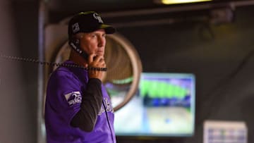 DENVER, CO - AUGUST 10: Bud Black #10 of the Colorado Rockies makes a call to the bullpen as the starting pitcher appears to falter in the fifth inning of a game against the Los Angeles Dodgers at Coors Field on August 10, 2018 in Denver, Colorado. (Photo by Dustin Bradford/Getty Images)