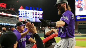 ATLANTA, GA - AUGUST 17: Charlie Blackmon #19 of the Colorado Rockies celebrates scoring a run during the eighth inning against the Atlanta Braves at SunTrust Park on August 17, 2018 in Atlanta, Georgia. (Photo by Daniel Shirey/Getty Images)