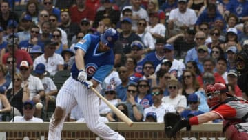 CHICAGO, IL - AUGUST 25: Daniel Murphy #3 of the Chicago Cubs hits a two-run home run against the Cincinnati Reds during the second inning on August 25, 2018 at Wrigley Field in Chicago, Illinois. (Photo by David Banks/Getty Images)