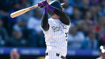 DENVER, CO - SEPTEMBER 30: David Dahl #26 of the Colorado Rockies hits a fifth inning three-run homerun against the Washington Nationals at Coors Field on September 30, 2018 in Denver, Colorado. (Photo by Dustin Bradford/Getty Images)