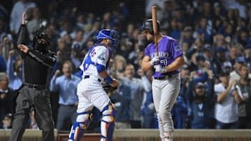 CHICAGO, IL - OCTOBER 02: Matt Holliday #7 of the Colorado Rockies reacts after striking out in the sixth inning against the Chicago Cubs during the National League Wild Card Game at Wrigley Field on October 2, 2018 in Chicago, Illinois. (Photo by Stacy Revere/Getty Images)