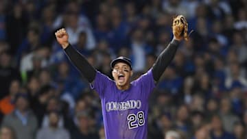 CHICAGO, IL - OCTOBER 02: Nolan Arenado #28 of the Colorado Rockies celebrates defeating the Chicago Cubs 2-1 in thirteen innings to win the National League Wild Card Game at Wrigley Field on October 2, 2018 in Chicago, Illinois. (Photo by Stacy Revere/Getty Images)