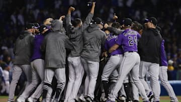 CHICAGO, IL - OCTOBER 02: The Colorado Rockies celebrate defeating the Chicago Cubs 2-1 in thirteen innings to win the National League Wild Card Game at Wrigley Field on October 2, 2018 in Chicago, Illinois. (Photo by Jonathan Daniel/Getty Images)
