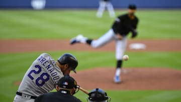 MIAMI, FL - MARCH 30: Nolan Arenado #28 of the Colorado Rockies at bat in the first inning against the Miami Marlins at Marlins Park on March 30, 2019 in Miami, Florida. (Photo by Mark Brown/Getty Images)