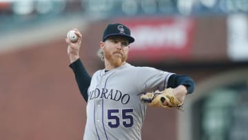 SAN FRANCISCO, CA - APRIL 11: Jon Gray #55 of the Colorado Rockies pitches in the in the bottom of the first inning against the San Francisco Giants at Oracle Park on April 11, 2019 in San Francisco, California. (Photo by Lachlan Cunningham/Getty Images)