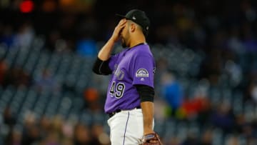 DENVER, CO - MAY 7: Starting pitcher Antonio Senzatela #49 of the Colorado Rockies reacts after giving up a two run home run during the fourth inning against the San Francisco Giants at Coors Field on May 7, 2019 in Denver, Colorado. (Photo by Justin Edmonds/Getty Images)