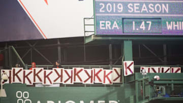 BOSTON, MA - MAY 14: Seventeen "K" signs are hung up in the eighth inning for Chris Sale's (not pictured) #41 of the Boston Red Sox career high strikeouts against the Colorado Rockies at Fenway Park on May 14, 2019 in Boston, Massachusetts. (Photo by Kathryn Riley /Getty Images)