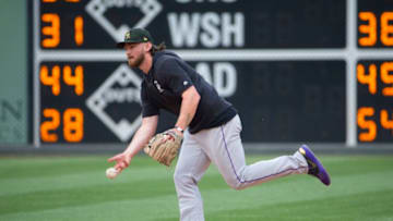 PHILADELPHIA, PA - MAY 17: Brendan Rodgers #7 of the Colorado Rockies warms up prior to the game against the Philadelphia Phillies at Citizens Bank Park on May 17, 2019 in Philadelphia, Pennsylvania. (Photo by Mitchell Leff/Getty Images)