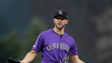 DENVER, COLORADO - APRIL 22: Starting pitcher Tyler Anderson #44 of the Colorado Rockies questions a call in the first inning against the Washington Nationals at Coors Field on April 22, 2019 in Denver, Colorado. (Photo by Matthew Stockman/Getty Images)
