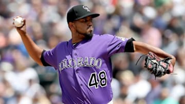DENVER, COLORADO - APRIL 24: Starting pitcher German Marquez #48 of the Colorado Rockies throws in the third inning against the Washington Nationals at Coors Field on April 24, 2019 in Denver, Colorado. (Photo by Matthew Stockman/Getty Images)