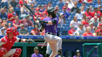 PHILADELPHIA, PA - MAY 19: Charlie Blackmon #19 of the Colorado Rockies hits a solo home run in the first inning during a game against the Philadelphia Phillies at Citizens Bank Park on May 19, 2019 in Philadelphia, Pennsylvania. (Photo by Hunter Martin/Getty Images)