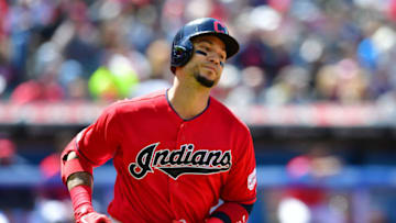 CLEVELAND, OHIO - MAY 05: Carlos Gonzalez #24 of the Cleveland Indians reacts as he runs out a pop fly with men on base to end the fourth inning against the Seattle Mariners at Progressive Field on May 05, 2019 in Cleveland, Ohio. (Photo by Jason Miller/Getty Images)