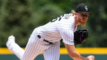 DENVER, CO - JULY 17: Jon Gray #55 of the Colorado Rockies pitches against the San Francisco Giants in the first inning of a game at Coors Field on July 17, 2019 in Denver, Colorado. (Photo by Dustin Bradford/Getty Images)