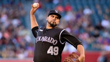 PHOENIX, ARIZONA - JUNE 18: Antonio Senzatela #49 of the Colorado Rockies delivers a pitch in the first inning of a MLB game against the Arizona Diamondbacks at Chase Field on June 18, 2019 in Phoenix, Arizona. (Photo by Jennifer Stewart/Getty Images)