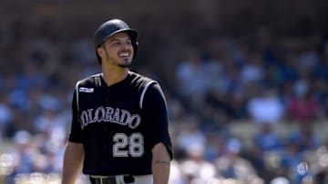 LOS ANGELES, CALIFORNIA - JUNE 23: Nolan Arenado #28 of the Colorado Rockies reacts as he walks back to the dugout after his strikeout at Dodger Stadium on June 23, 2019 in Los Angeles, California. (Photo by Harry How/Getty Images)