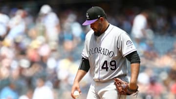 NEW YORK, NEW YORK - JULY 20: Antonio Senzatela #49 of the Colorado Rockies reacts in the second inning against the New York Yankees at Yankee Stadium on July 20, 2019 in New York City. (Photo by Mike Stobe/Getty Images)