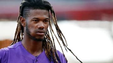 CINCINNATI, OH - JULY 26: Raimel Tapia #15 of the Colorado Rockies looks on in the third inning against the Cincinnati Reds at Great American Ball Park on July 26, 2019 in Cincinnati, Ohio. The Rockies won 12-2. (Photo by Joe Robbins/Getty Images)