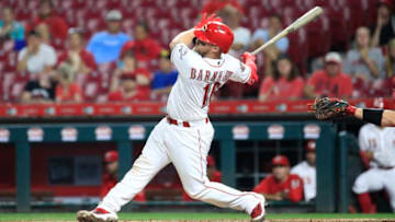 CINCINNATI, OHIO - AUGUST 06: Tucker Barnhart #16 of the Cincinnati Reds hits a home run in the 8th inning against the Los Angeles Angels of Anaheim at Great American Ball Park on August 06, 2019 in Cincinnati, Ohio. (Photo by Andy Lyons/Getty Images)