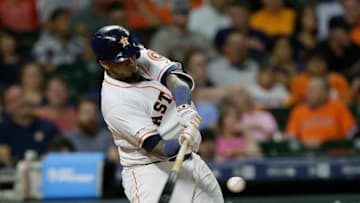 HOUSTON, TEXAS - AUGUST 20: Martin Maldonado #12 of the Houston Astros hits a home run in the fifth inning against the Detroit Tigers at Minute Maid Park on August 20, 2019 in Houston, Texas. (Photo by Bob Levey/Getty Images)