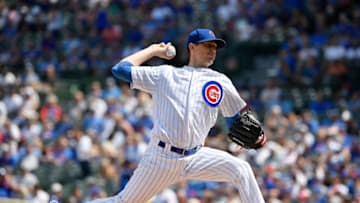 CHICAGO, ILLINOIS - AUGUST 22: Kyle Hendricks #28 of the Chicago Cubs delivers the ball in the first inning against the San Francisco Giants at Wrigley Field on August 22, 2019 in Chicago, Illinois. (Photo by Quinn Harris/Getty Images)